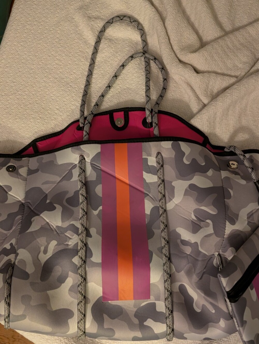 White Camo And Pink Neoprene Tote With Matching Pouch